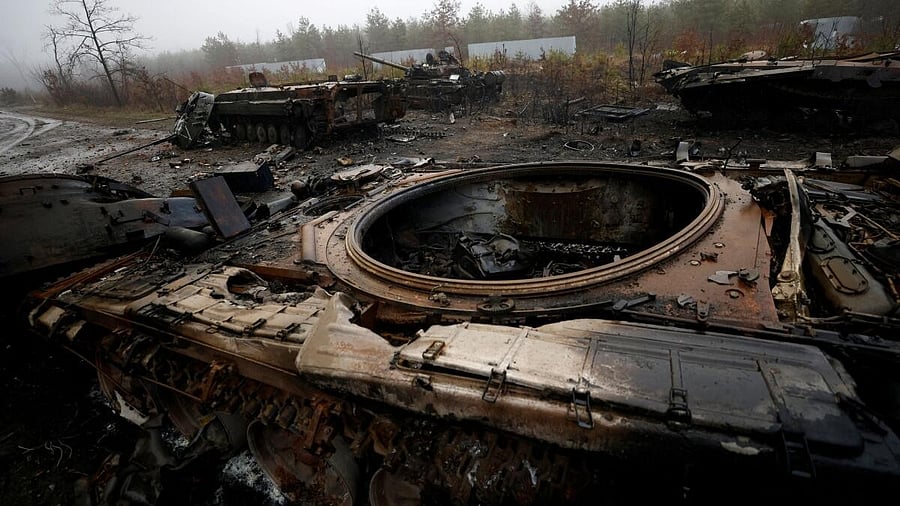 <div class="paragraphs"><p>A view of destroyed Russian tanks and armoured vehicles in Dmytrivka village</p></div>