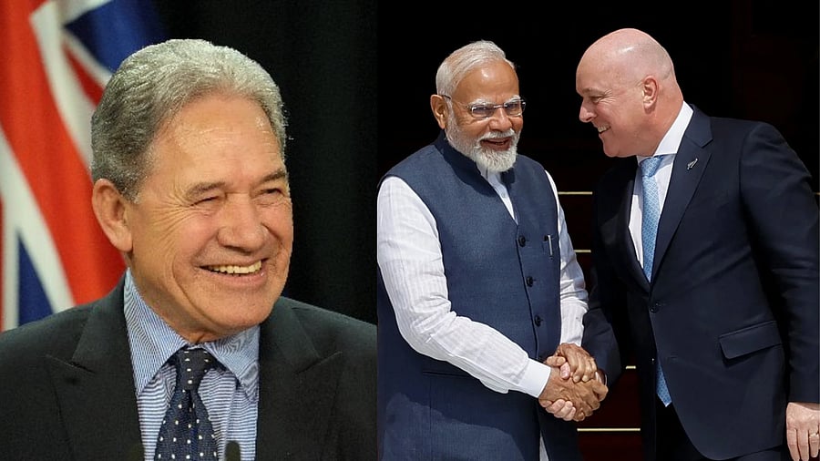 <div class="paragraphs"><p>New Zealand Foreign Minister Winston Peters and (R) a file photo of Prime Minister Narendra Modi with his New Zealand counterpart Christopher Luxon.</p></div>