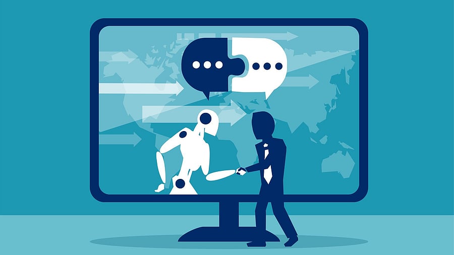 Human businessman cooperation with robot concept. Global business automatization and artificial intelligence assistance illustration.