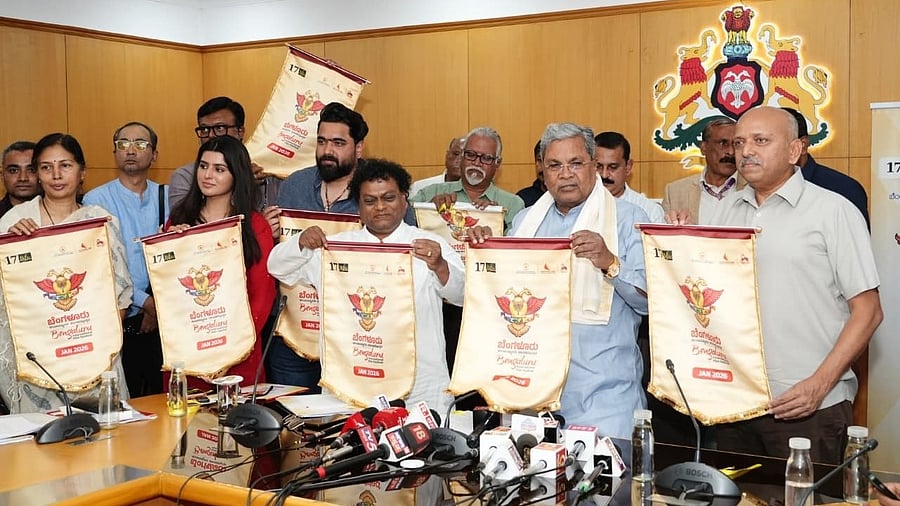 <div class="paragraphs"><p>Chief Minister Siddaramaiah, actor Sadhu Kokila, Department of Information and Public Relations Commissioner Hemant Nimbalkar and others unveil the logo of the Bengaluru International Film Festival (BIFFes) on Tuesday. </p></div>