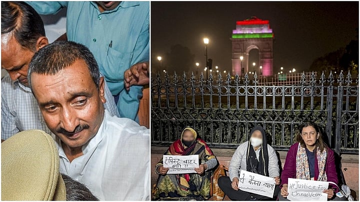 <div class="paragraphs"><p>File photo of Kuldeep Singh Sengar(L), Activist Yogita Bhayana stages a dharna with the family of the Unnao gang rape victim</p></div>