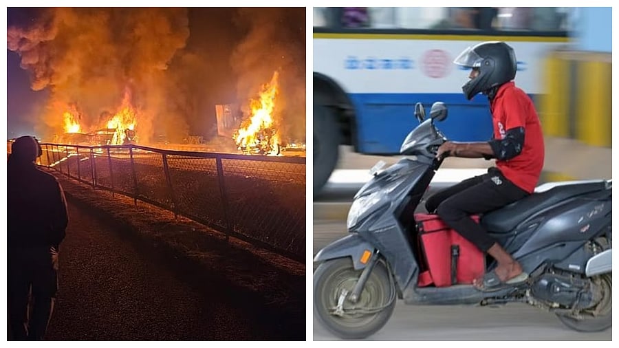 <div class="paragraphs"><p>Bus catches after collision with tanker (L), representational image for gig workers.&nbsp;</p></div>