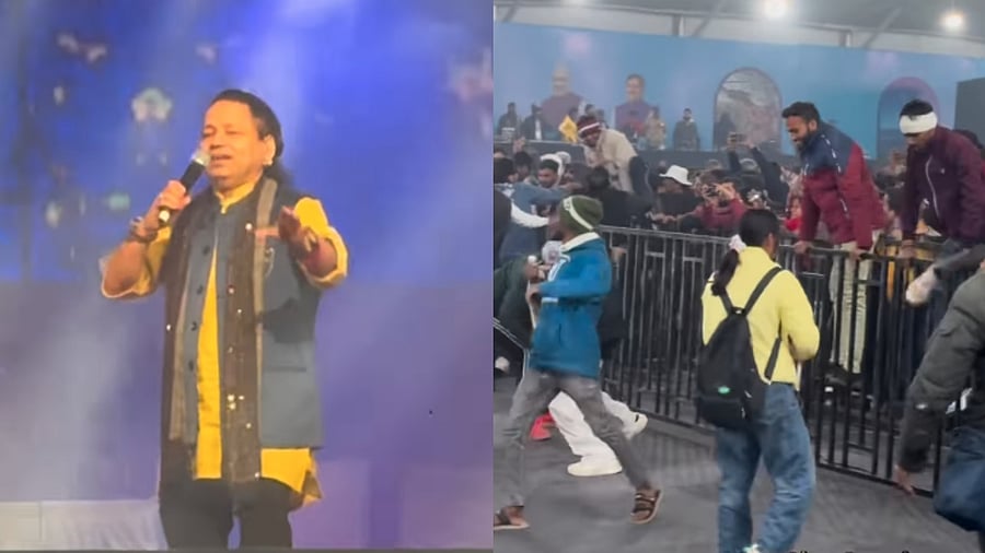<div class="paragraphs"><p>(l) Singer Kailash Kher mid concert and (r) and screengrab of a video showing people jumping over barricades.</p></div>