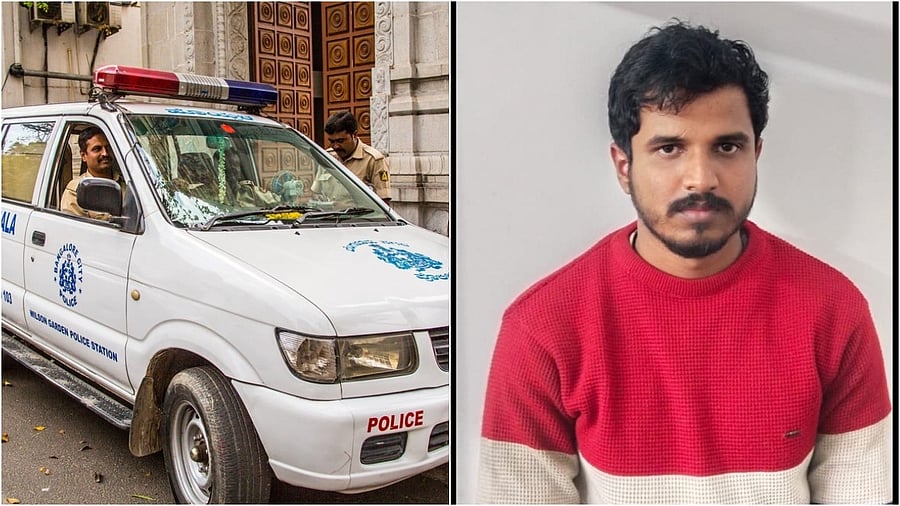 <div class="paragraphs"><p>Representative image of a police van (left) and Sudhakar C, the male nurse staff arrested by KS Layout police.</p></div>