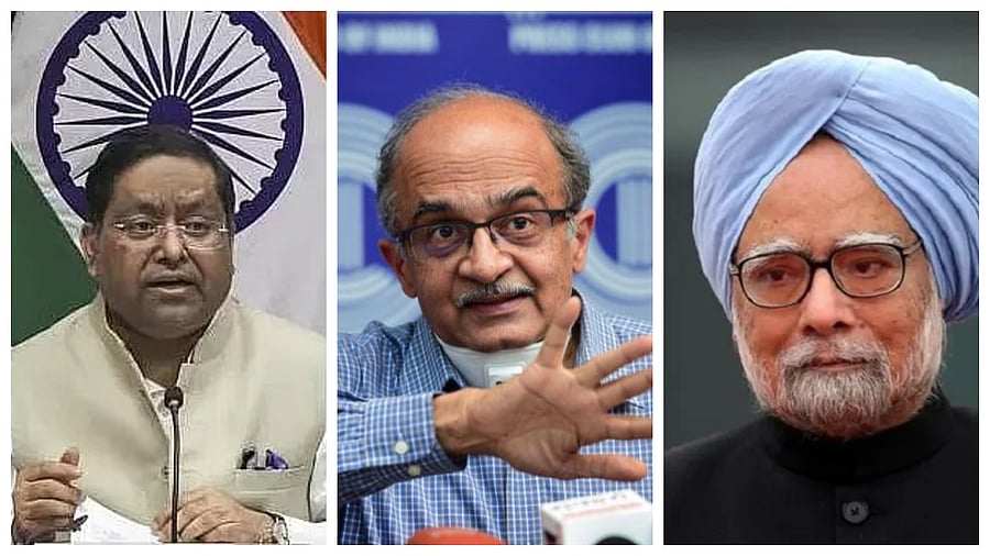 <div class="paragraphs"><p>Ministry of External Affairs spokesperson Randhir Jaiswal (L), Prashant Bhushan (C) and former Prime Minister Manmohan Singh</p></div>