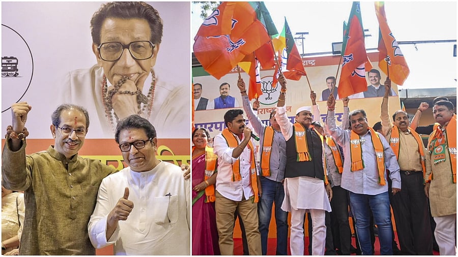 <div class="paragraphs"><p>Uddhav and Raj Thackeray(L), BJP Maharashtra President Ravindra Chavan, third right, and party leaders celebrate victory in the Maharashtra local body elections, at the BJP head office, in Mumbai</p></div>