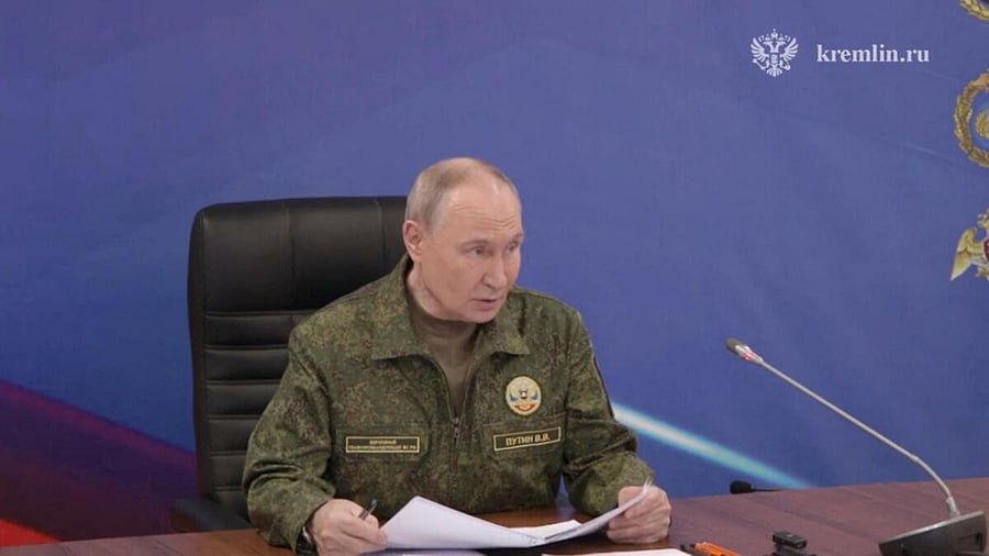 <div class="paragraphs"><p>Russian President Vladimir Putin speaks, as he visits the command post of the Russian forces grouping in the course of Russia-Ukraine conflict, in unidentified location, in this still image taken from video released.</p></div>