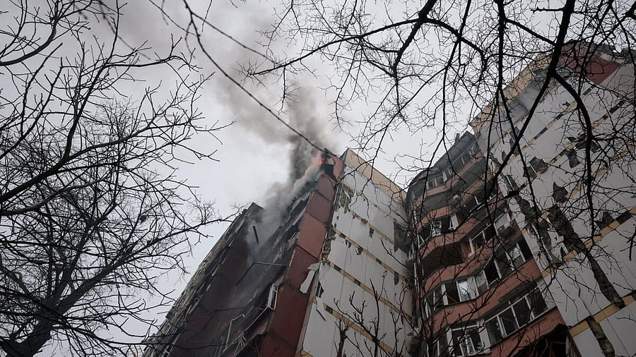 <div class="paragraphs"><p>Smoke rises from a burning apartment building, after it was hit during Russian missile and drone strikes, amid Russia’s attack on Ukraine in Kyiv, Ukraine.</p></div>
