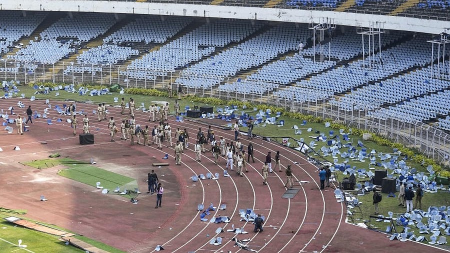 <div class="paragraphs"><p>Police and security personnel keep a vigil in the aftermath of chaos during Argentine footballer and 2022 FIFA World Cup winning captain Lionel Messi’s 'G.O.A.T. India Tour 2025' event, at Vivekananda Yuba Bharati Krirangan (VYBK), also known as Salt Lake Stadium, in Kolkata.</p></div>