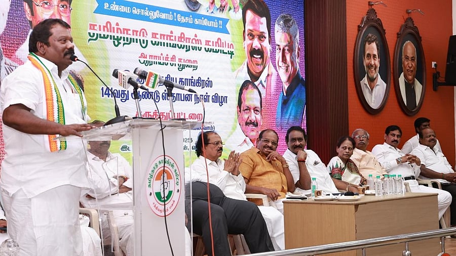 <div class="paragraphs"><p>TNCC chief K Selvaperunthagai speaks during party's foundation day celebrations.&nbsp;</p></div>