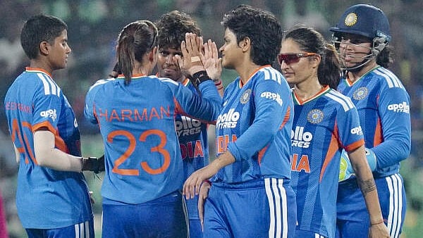 <div class="paragraphs"><p>India's Arundhati Reddy celebrates with teammates after taking the wicket of Sri Lanka’s Hasini Perera during the fourth T20 International cricket match of a series between India Women and Sri Lanka Women, at Greenfield International Stadium, in Thiruvananthapuram, Kerala, Sunday, Dec. 28, 2025.</p></div>