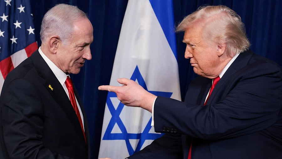 <div class="paragraphs"><p>U.S. President Donald Trump points his finger towards Israeli Prime Minister Benjamin Netanyahu as they shake hands during a press conference after meeting at Trump’s Mar-a-Lago club in Palm Beach, Florida, U.S., December 29, 2025. </p><p></p></div>