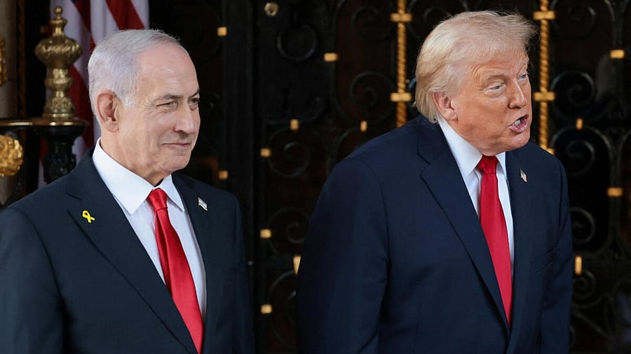 <div class="paragraphs"><p>U.S. President Donald Trump speaks next to Israeli Prime Minister Benjamin Netanyahu upon arrival for meetings at Trump's Mar-a-Lago club in Palm Beach, Florida, U.S., December 29, 2025.</p></div>