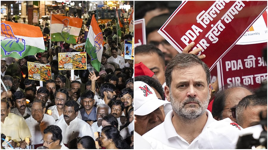 <div class="paragraphs"><p>TNCC K Selvaperunthagai with party leaders and party workers during a torch rally on alleged vote theft, in Chennai (L),&nbsp;Congress leader Rahul Gandhi during a protest march by INDIA bloc MPs from Parliament House to the Election Commission against the revision of electoral rolls in Bihar.</p></div>