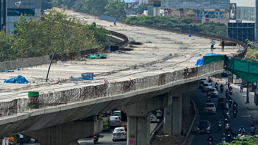 A view of the long-pending Ejipura flyover project, currently under construction. DH FILE 