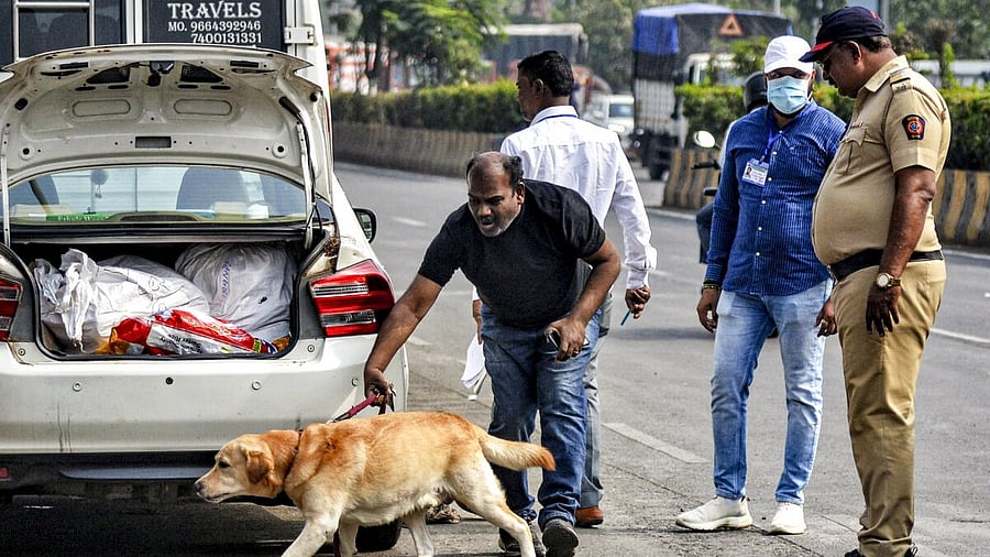 <div class="paragraphs"><p>Security personnel and other officials check a vehicle amid preparations for the upcoming civic polls, at Vashi in Navi Mumbai.</p></div>