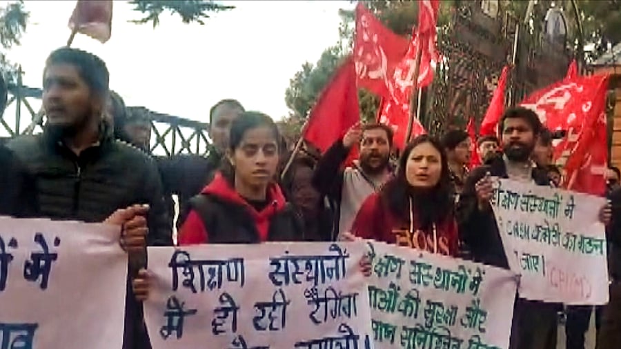 <div class="paragraphs"><p>Members of CPM stage a protest over the alleged sexual harassment and ragging of a 19-year-old Dalit girl at a college in Himachal Pradesh's Dharamshala, on Saturday.</p></div>