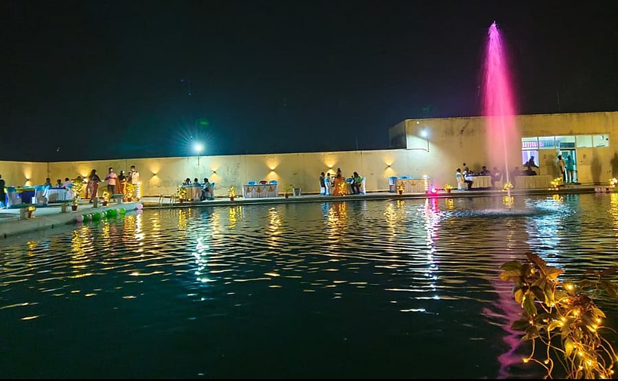 The district stadium swimming pool was used to host a midnight banquet as part of the sports festival being held for the Rural Development and Panchayat Raj Department employees in Yadgir on Friday night.