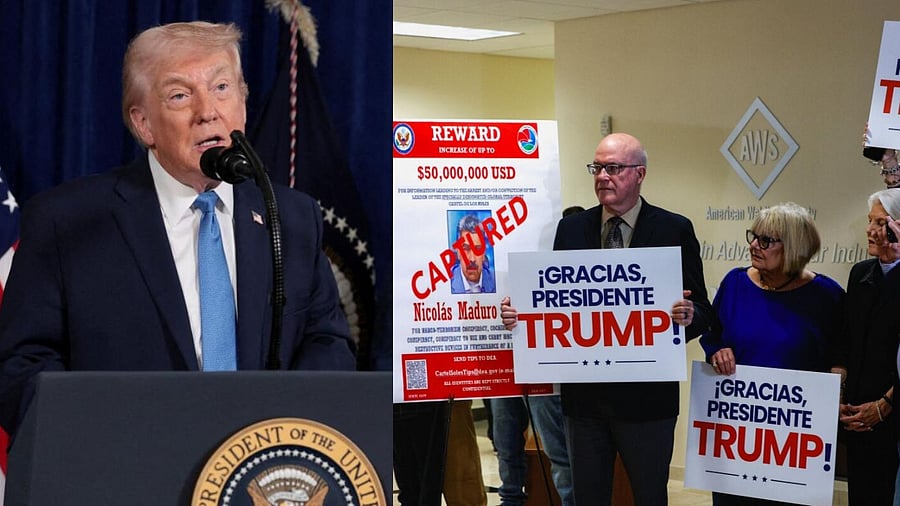 <div class="paragraphs"><p>(L)&nbsp;U.S. President Donald Trump | (R) People hold signs reading "Thanks, President Trump!" during a press conference on the U.S. strikes in Venezuela.</p></div>
