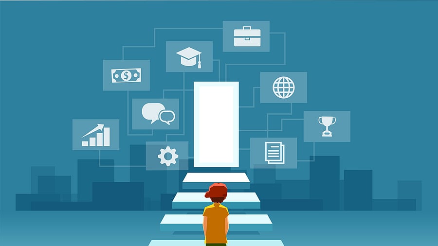 Vector of a child, a boy looking at the stairs leading to the door of modern digital world. Concept of self realization, education and career success
a child, a boy looking at the stairs leading to the door of modern digital world
