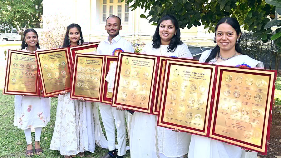 <div class="paragraphs"><p>Varnika (BA 5 medals), Sumalatha (MCom, 7 medals), Chandrashekar (Kannada MA, 13 medals), S L Prerana (MTech 16 medals), and N Aditi (MSc Chemistry 24 medals) during the 106th convocation of the University of Mysore (UoM), Mysuru, on Monday.</p></div>