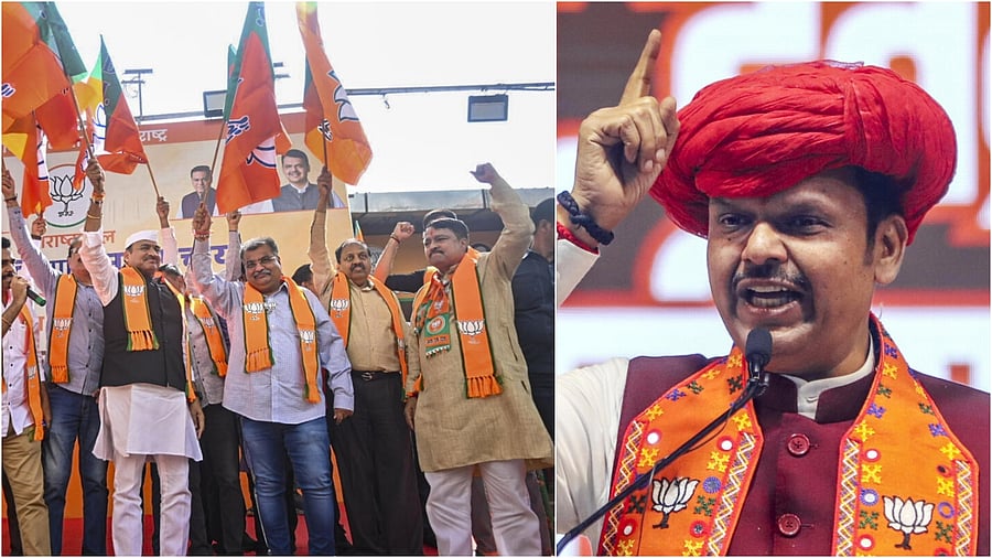 <div class="paragraphs"><p>BJP Maharashtra President Ravindra Chavan, third right, and party leaders celebrate victory in the Maharashtra local body elections (L),State CM Devendra Fadnavis</p></div>