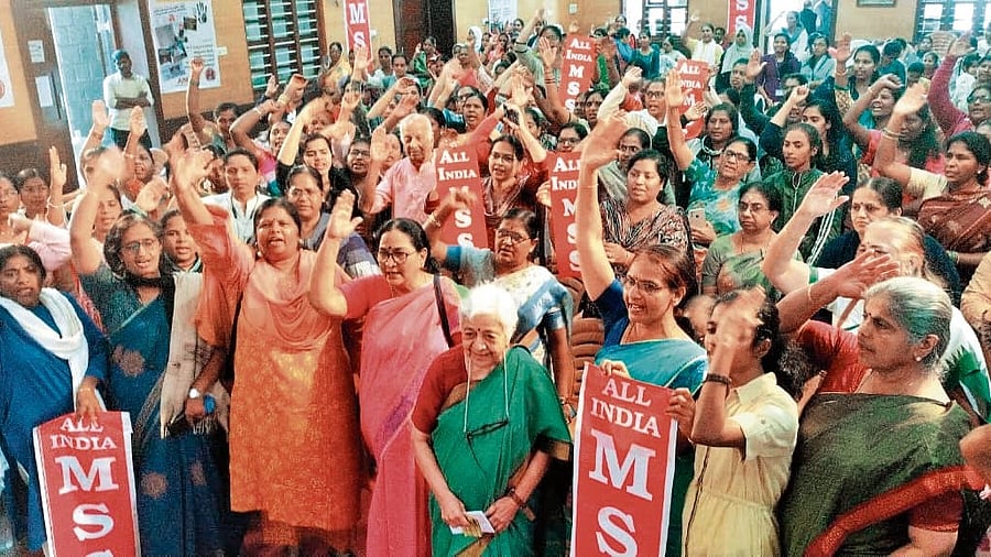 Members of All India Mahila Samskrutika Sanghatane take part in a state-level convention on crimes against women and children at Gandhi Bhavan in Bengaluru on Wednesday. 