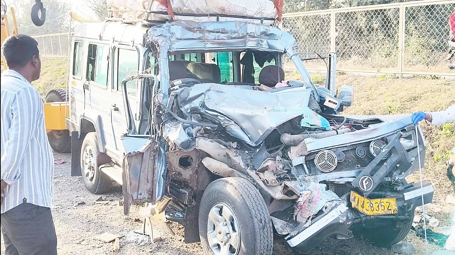 <div class="paragraphs"><p>The MUV that rammed into a stationary lorry near Kora in Tumakuru taluk on Friday morning, killing four Ayyappa devotees on the spot. Three of the seven injured are said to be in critical condition. </p></div>