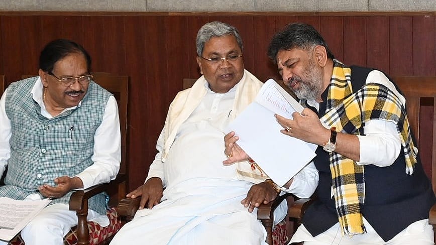Chief Minister Siddaramaiah, Deputy Chief Minister D K Shivakumar and Home Minister G Parameshwara, at a meeting of Congress legislators, convened to organise MGNREGA Bachao Sangram in Bengaluru on Thursday.