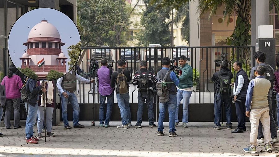 <div class="paragraphs"><p>Media personnel outside the residence of Pratik Jain, director of political consultancy firm I-PAC, in Kolkata, the Supreme Court of India (inset).</p></div>