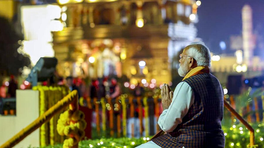 <div class="paragraphs"><p>Prime Minister Narendra Modi during 'Omkar Mantra' chanting as part of the 'Somnath Swabhiman Parv' celebration at the Somnath Temple, in Gir Somnath district, Gujarat.</p></div>