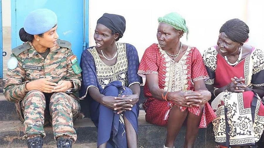 <div class="paragraphs"><p>Major Swathi Shantha Kumar with women in South Sudan, where she has been deployed on the United Nations Mission in South Sudan (UNMISS). She leads the first female engagement team in India.</p></div>