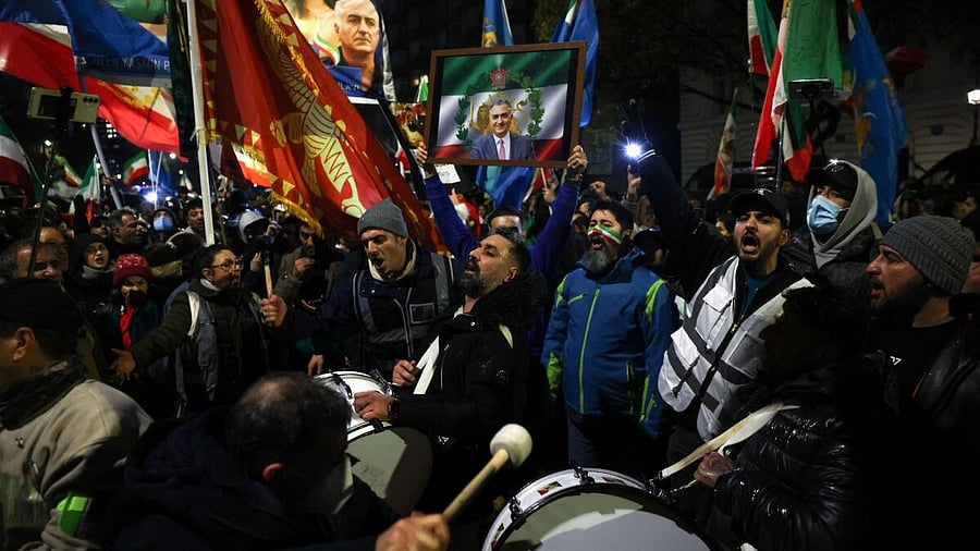 <div class="paragraphs"><p>Demonstrators gather outside the Iranian embassy during a rally in support of nationwide protests in Iran.</p></div>