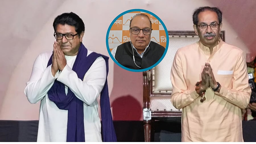 <div class="paragraphs"><p>An inset of&nbsp;Shiv Sena deputy leader and spokesperson Krishna Hegde on a photograph featuring the Thackeray brothers - Uddhav and Raj.&nbsp;</p></div>