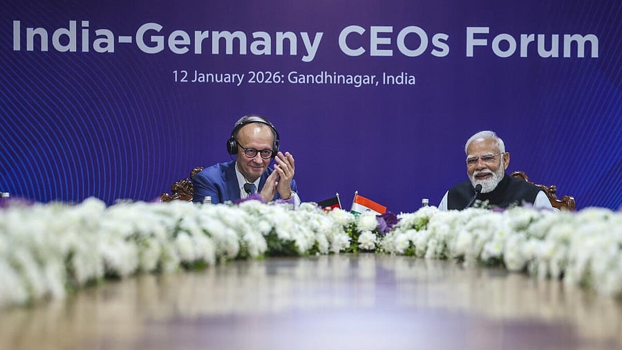 <div class="paragraphs"><p>In this image received on Jan. 12, 2026, Prime Minister Narendra Modi and German Chancellor Friedrich Merz during the India-Germany CEOs Forum at Mahatma Mandir Convention Centre, in Gandhinagar, Gujarat.</p></div>