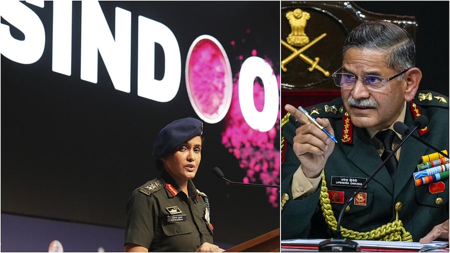 <div class="paragraphs"><p>File photo of Army officer Col Sofiya Qureshi addresses a press conference regarding 'Operation Sindoor'(L), Chief of Army Staff General Upendra Dwivedi addresses a press conference ahead of the '78th Army Day', in New Delhi</p></div>