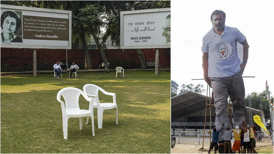 <div class="paragraphs"><p>File photo of Congress workers at the party office  in New Delhi on day of Bihar poll results(L), a cut-out of Rahul Gandhi during a rally in Patna</p></div>