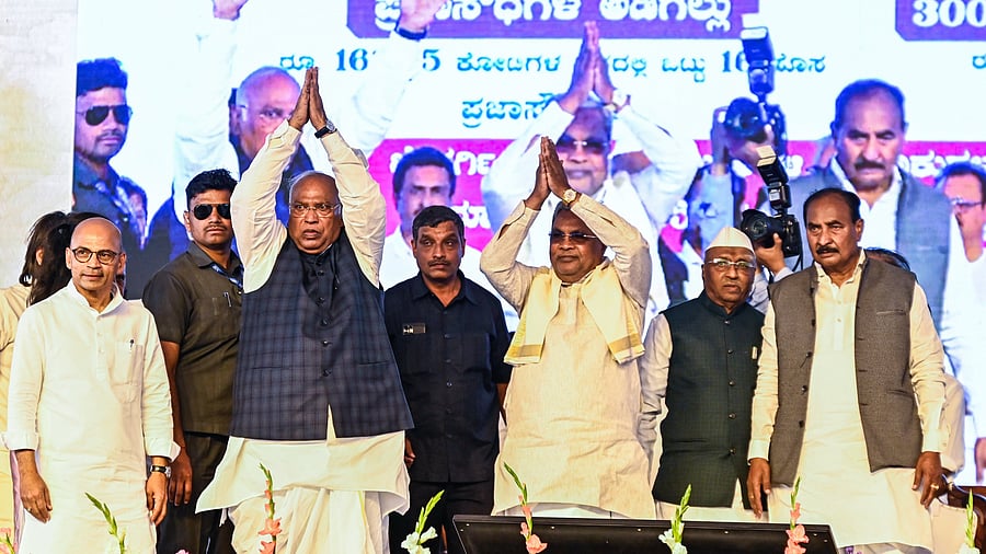 AICC president Mallikarjun Kharge, CM Siddaramaiah, DCM D K Shivakumar and others take part in foundation laying ceremony for various development projects in Yadrami town of Kalaburagi district on Monday.