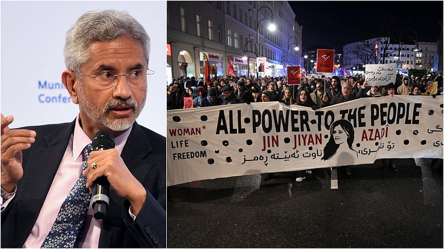 <div class="paragraphs"><p>EAM S Jaishankar(L), People take part in a protest in support of nationwide protests in Iran</p></div>