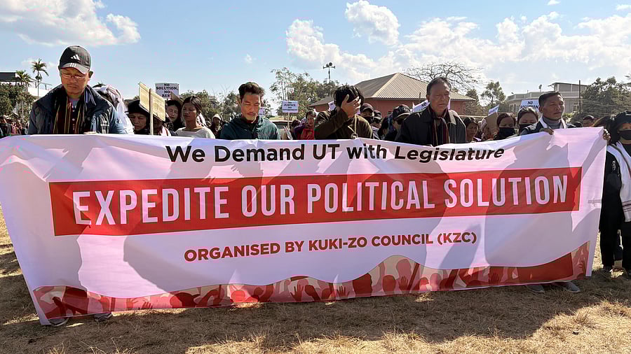 <div class="paragraphs"><p>Kuki groups during a protest march on January 14. </p></div>