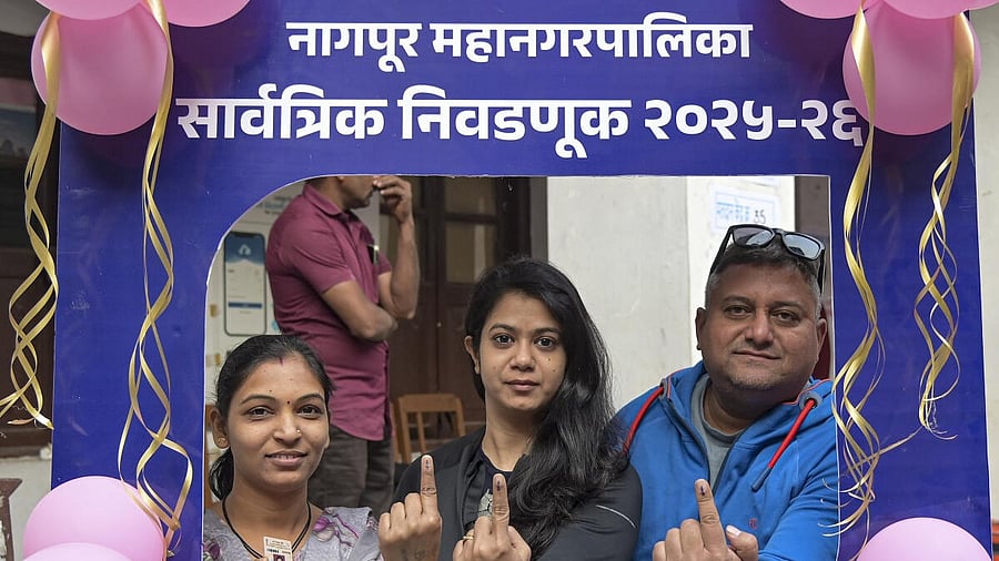 <div class="paragraphs"><p>People show their ink marked fingers after casting votes at a polling station during the Nagpur Municipal Corporation (NMC) elections, in Nagpur, Maharashtra, Thursday, Jan. 15, 2026.</p></div>