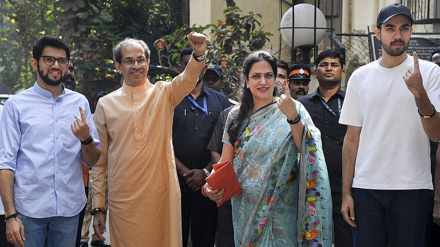 <div class="paragraphs"><p>Shiv Sena (UBT) chief Uddhav Thackeray with wife Rashmi Thackeray and sons Aaditya Thackeray and Tejas Thackeray after casting his vote at a polling station during the Brihanmumbai Municipal Corporation (BMC) elections, in Mumbai, Maharashtra, Thursday, Jan. 15, 2026. </p></div>