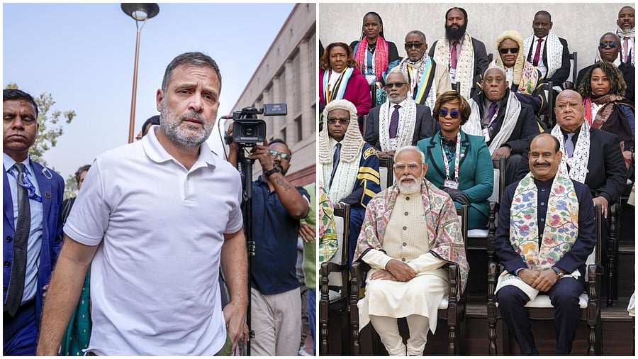<div class="paragraphs"><p>Rahul Gandhi(L), Prime Minister Narendra Modi, Lok Sabha Speaker Om Birla and foreign delegates during the 28th Conference of Speakers and Presiding Officers of Commonwealth Countries (CSPOC), at the Samvidhan Sadan, in New Delhi</p></div>