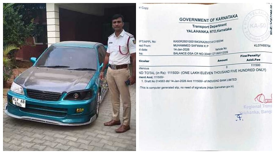 <div class="paragraphs"><p>The modified car (L) and the challanof Rs 1.11 lakh.&nbsp;</p></div>