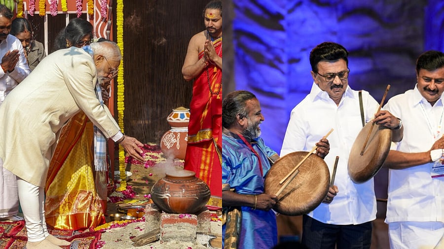 <div class="paragraphs"><p>Collage of&nbsp;Prime Minister Narendra Modi performs rituals as Union Ministers G Kishan Reddy and L Murugan look on during 'Pongal' festival celebrations at the latter's residence, in New Delhi and Tamil Nadu Chief Minister MK Stalin with DMK MP Kanimozhi during the inauguration ceremony of ‘Chennai Sangamam’ marking the ‘Pongal’ festival celebrations, in Chennai.</p></div>