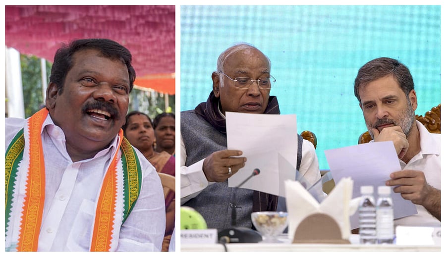 <div class="paragraphs"><p>Tamil Nadu Congress president K Selvaperunthagai (L) and Mallikaarjun Kharge and Rahul Gandhi&nbsp;</p></div>