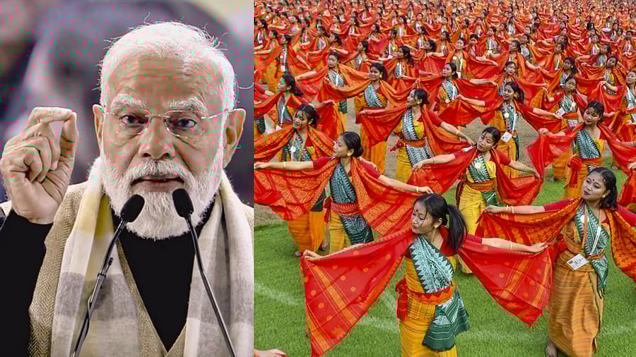 <div class="paragraphs"><p>Prime Minister Narendra Modi&nbsp;and&nbsp;Bagurumba dancers in traditional attire rehearse at Sarusajai Stadium for a Guinness World Record attempt for the largest-ever performance of the Bodo community's 'Butterfly Dance', in Guwahati.</p></div>