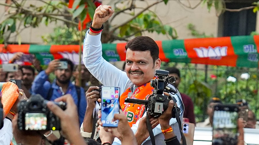 <div class="paragraphs"><p>Maharashtra CM Devendra Fadnavis celebrates the party’s victory in Mumbai on Friday. </p></div>