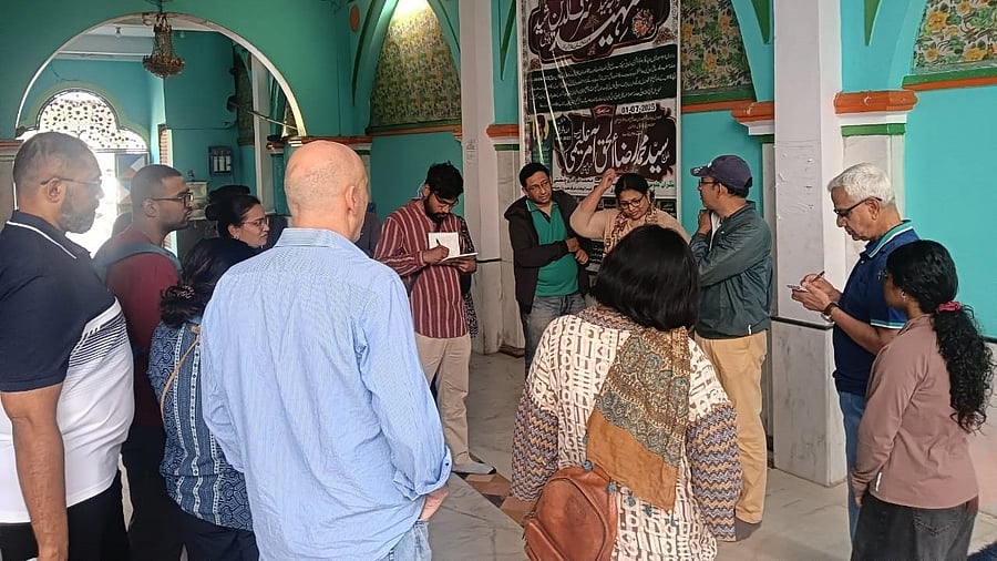 The Nagarathpet Heritage Walk began at the Khwaja Shah Sharfuddin dargah, with a diverse group of participants.