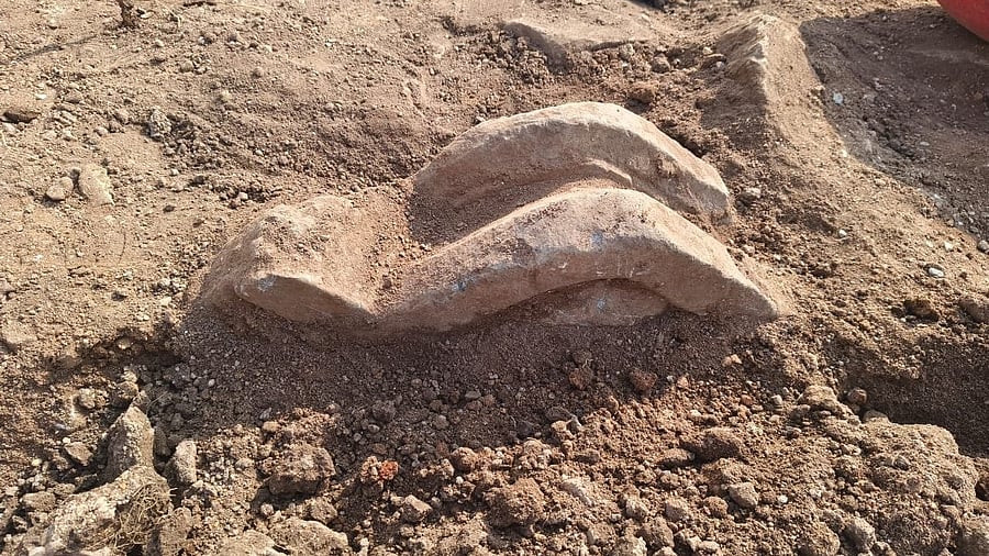 <div class="paragraphs"><p>The block of stone unearthed on the second day of the excavation exercise at Kote Veerabhadreshwara temple at Lakkundi in Gadag district.</p></div>